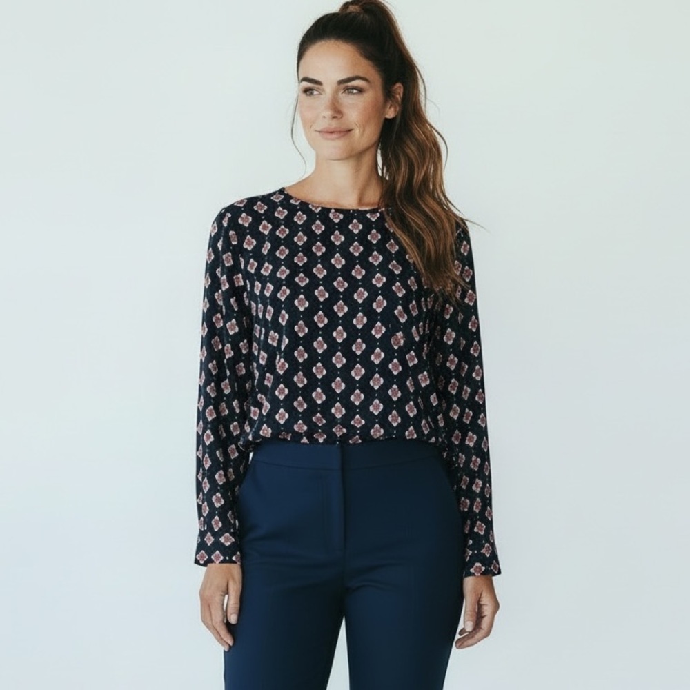 LOFT Navy Floral Print Roll Tab Sleeve Blouse Pocket Top Small